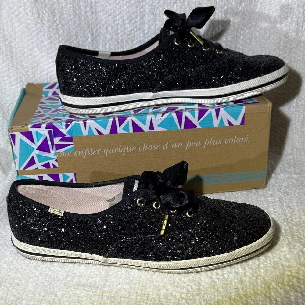 Keds x kate spade Black Glitter Sneakers Women's‎ 9.5 Ribbon Laces EUC